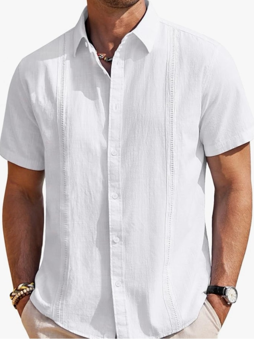 Men's Short Sleeve White Linen-Blend Button Shirt